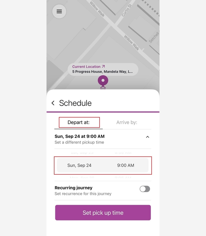 Screen shot of the Dial-a-ride app, schedule depart time