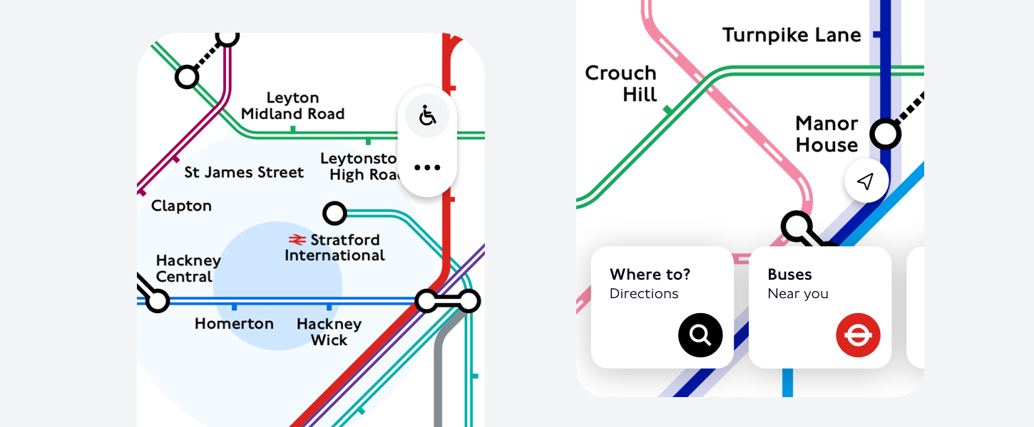 Two sections of the home screen of the TfL Go app, each showing a part of the live Tube, London Overground, Elizabeth line, DLR and tram map.